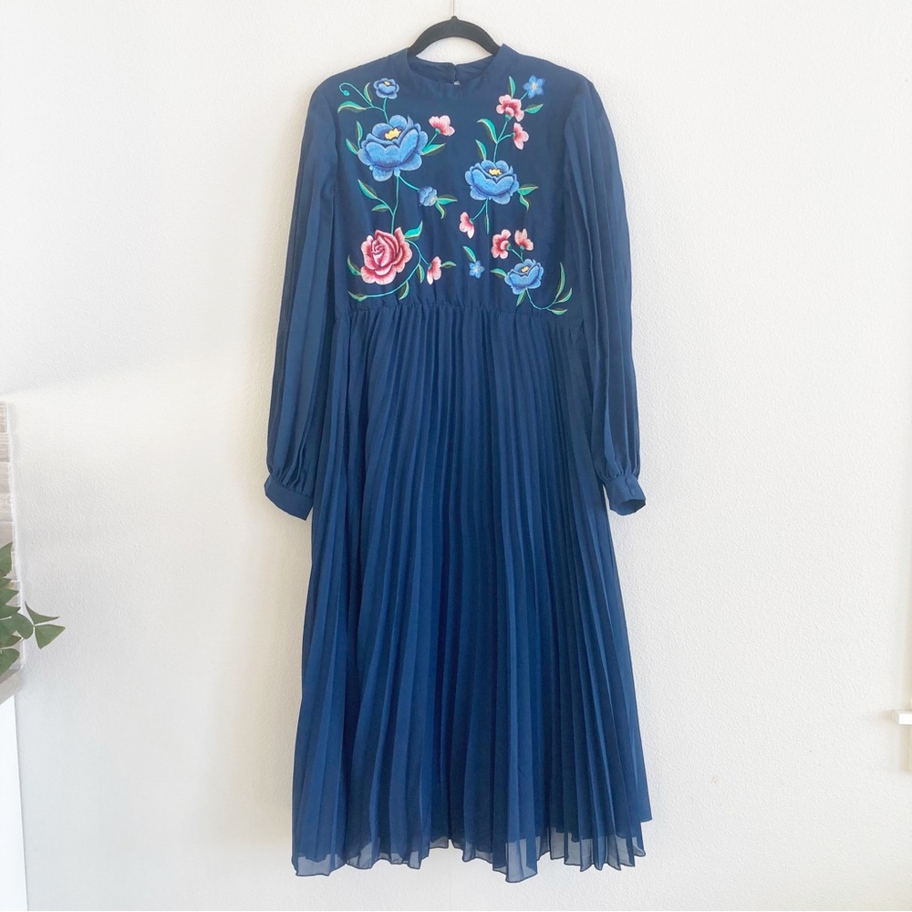 COPY - Asos Design Maternity Dress Blue Embroidered Pleated Maxi Long Sleeve Fl…